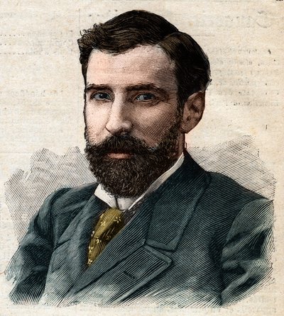 Porträtt av Pietro Paolo Savorgnan de Brazza eller Pierre Paul Francois Camille Savorgnan de Brazza på franska (1852-1905) Generalguvernör i Franska Kongo. Gravyr i "" Le Petro Parisien "" av Anonymous Anonymous