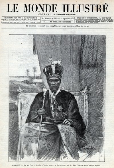 Porträtt av Tofa I (Toffa) (cirka 1850-1908), kung av Dahomey (Benin) till Porto Novo (Porto-Novo). En tidning. Gravyr i "Le monde illustree" från 1892. Privat samling. av Anonymous Anonymous