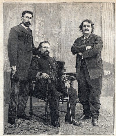 Porträtt av de tre "Academicides": Marius Tournade, Achille Le Roy och Maxime Lissabon (1839-1905) som ville förlöjliga Franska Akademien. Gravyr i "" Le Petit Parisien"" den 4/06/1893. av Anonymous Anonymous