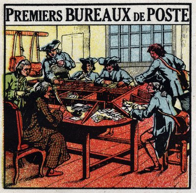 Postkontor: första postkontor i Paris på 1700-talet. Anonym illustration från 1925. Privat samling. av Anonymous Anonymous