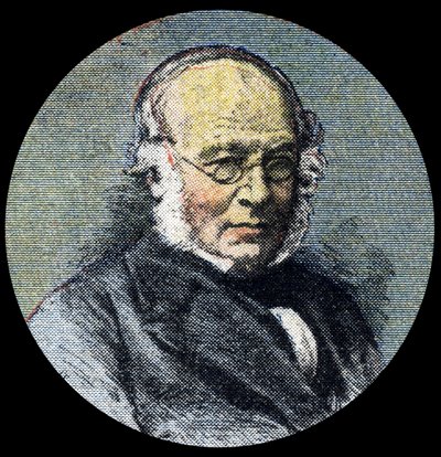 Posthistoria: Porträtt av Sir Rowland Hill (1795-1879), vid uppkomsten av postreformen 1839. Detalj av "" Le petit journal"" från 1920-04-15. Privat samling av Anonymous Anonymous