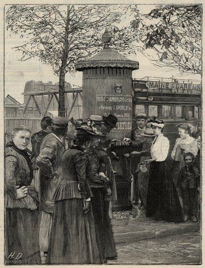 Offentlig hygien: invånare i Paris använder en av filtree-vattenfontänerna installerade i det 15:e arrondissementet. Dessa fontäner har ett Chamberland Pasteur-systemfilter. Gravyr i "Le monde illustree" från 1892. Privat samling. av Anonymous Anonymous