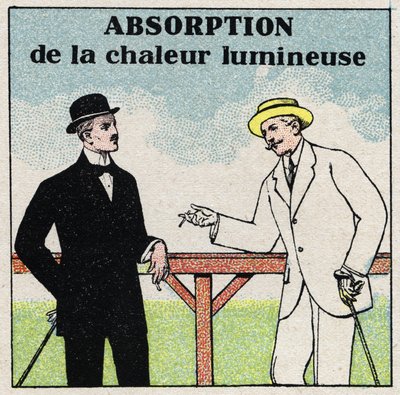 Strålning och konduktivitet: olika ljusvärmeabsorption beroende på klädernas färg. Anonym illustration från 1925. Privat samling. av Anonymous Anonymous