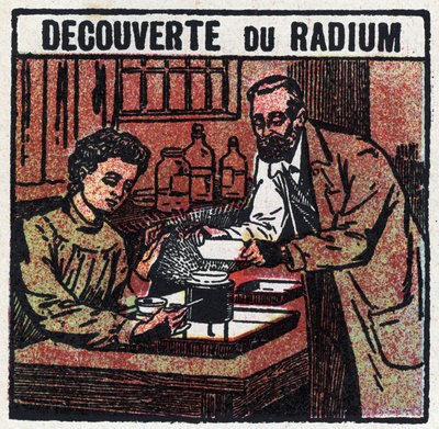 Radium: upptäckt radium av Pierre (1859-1906) och Marie Curie (1867-1934) 1898. Anonym illustration från 1925. Privat samling. av Anonymous Anonymous