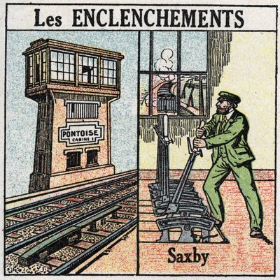 Järnvägar: förregling. En järnväg som använder en Saxby-station för individuella spakar. Anonym illustration från 1925. Privat samling. av Anonymous Anonymous