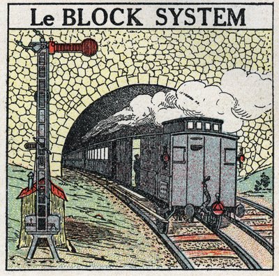 Järnvägar: blocksystemet används runt större städer för att undvika kollisioner. Anonym illustration från 1925. Privat samling. av Anonymous Anonymous