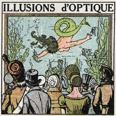 Reflektion av ljus: optisk illusion. Att använda en glass för att ge illusionen av en kvinna fisk. Anonym illustration från 1925. Privat samling. av Anonymous Anonymous