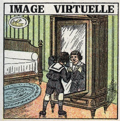 Reflektion av ljus: virtuell bild. Ett barn som begrundar sin reflektion i en spegel. Anonym illustration från 1925. Privat samling. av Anonymous Anonymous