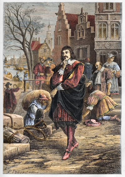 Rene Descartes (1596-1650), fransk filosof och matematiker som går genom Amsterdams gator - Descartes i Amsterdam - gravyr från "" L