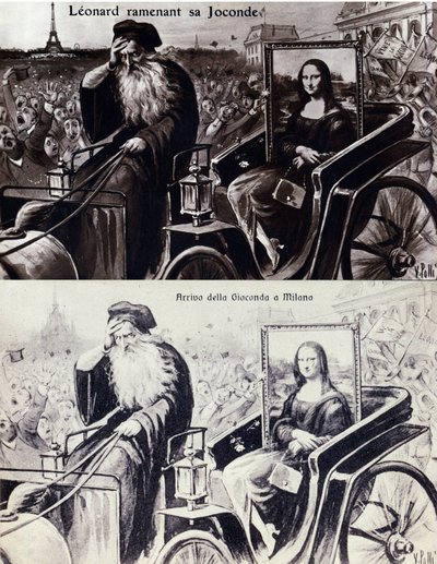 Representation av Leonard de Vinci (Leonardo da Vinci) (1452-1519) som återförde hans verk "" The Mona Lisa"" (Mona Lisa, Monna Lisa) efter stölden av verket av Vincenzo Peruggia (1881-1925) som ägde rum den 21/08/1911. Komedivykort av Anonymous Anonymous