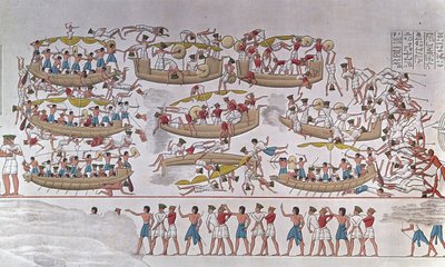 Representation of the Battle of the Nile Delta between Armees of Ramses III and the Peoples of the Sea” Från en relief till begravningstemplet i Medinet Habou, Egypten av Anonymous Anonymous