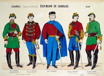 Risorgimento: Generalstab för Giuseppe Garibaldi (1807-1882). Hjältarna i Italian Unite representeras omgivna av hans två söner Menotti och Riciotti, av general Bordone och överste Canzio. Gravyr omkring 1870 Paris, Musee Carnavalet av Anonymous Anonymous