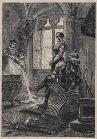 Rodrigo Borgia (Borja) omgiven av sina barn ((John eller Juan eller Cesar, Lucrece) i huset Vannozza Cattanei - Rodrigo Borgia omger med sina barn på Vannozza Cattanei (1442-1518) en älskarinna - gravyr från 
