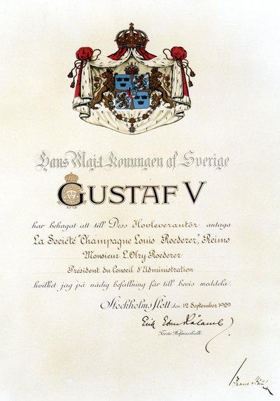 Kungligt patent tilldelat Louis Roederer House av Sveriges kung 1929. av Anonymous Anonymous