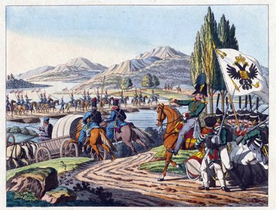Rysk armé korsar floden Pruth in i Moldavien i maj 1828 - Anonym - 1829 - Etsning, akvarell - 37,9x24,4 - Privat samling av Anonymous Anonymous