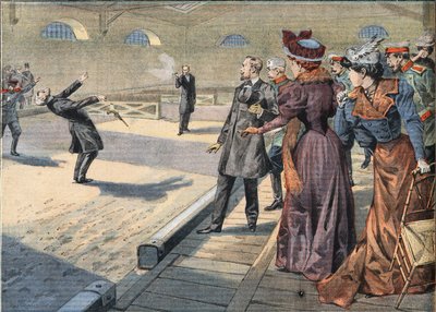 De ryska generalerna Smyrnoff och Fock slåss i en duell. Gravyr från tidningen "" Le Petite Parisien"", 1908-04-05. Privat samling. av Anonymous Anonymous