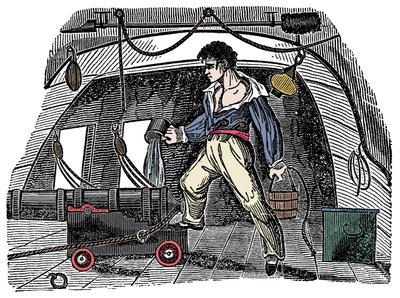 Sabotage: En sjöman som kastar vatten på krut Gravyr från Charles Ellms "The Pirates Own Book" av Anonymous Anonymous