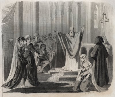 Saint Dunstan (ca 909-988), eveque av Canterbury, benediktinare och reformator av klosterlivet i England, tillkännager sin förestående död för folket. Gravyr från 1846 i "" Lives of the saints"". Privat samling. av Anonymous Anonymous