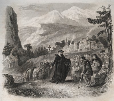 Saint Francois-de-Sales (Saint Francois de Sales) (1567-1622), eveque i Genève på ett pastoralt besök. Gravyr från 1846 i "" Lives of the saints"". Privat samling. av Anonymous Anonymous