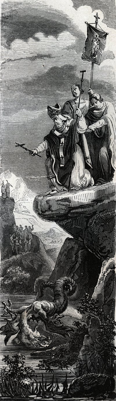 Saint Front (första evangelisatorn av Perigord) (3:e århundradet) fäller ut draken i Dordogne - Gravyr från 1846 i "" Lives of the saints""". Privat samling. av Anonymous Anonymous