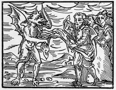 Satan klädde av trollkarlarna deras kläder - "Compendium Maleficarum", affärer om häxorna, deras ondska och deras sortileges av Francesco Maria Guazzo eller Guaccio eller Guaccius (15?? -16??) 1608 privatsamling av Anonymous Anonymous