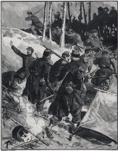 Scen i romanen av Emile Zola (1840-1902) "The Debacle"". Gravyr i "" Le petit parisien"" den 28/02/1892. Privat samling av Anonymous Anonymous