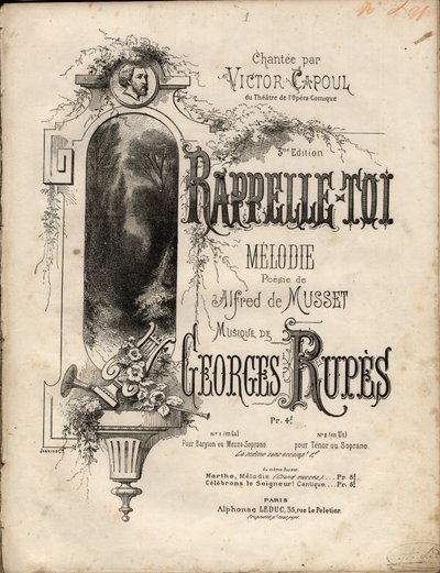 Partitur av "" remember-se"" melodi av Georges Rupes efter en poesi av Aldre de Musset. Privat samling. av Anonymous Anonymous