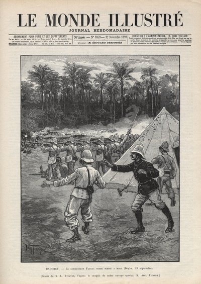 Andra Dahomey-kriget (1892-1894): den franske befälhavaren Faurax död under slaget vid Dogba den 19 september 1892 i Dahomey (nu Benin). En tidning. Gravyr i "Le monde illustree" från 1892. Privat samling. av Anonymous Anonymous