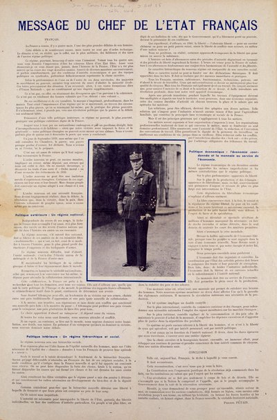 Andra världskriget och Vichyregimen: meddelande från den franske statschefen Philippe Petain publicerat efter vapenstilleståndet undertecknat av Frankrike i juni 1940 och presenterar programmet för den nationella revolutionen hösten 1940. Privat samling av Anonymous Anonymous
