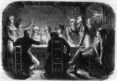 Hemlig konciliabule i Charenton - Charentons konspiration maj 1793 - Girondinerna anklagade Georges Jacques Danton för att ha konspirerat med Pariskommunen (var närvarande under mötet Georges Danton, Maximilien av Robespierre, Claude Basire, Francois Chabo av Anonymous Anonymous