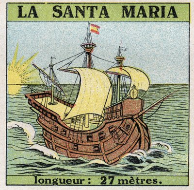 Skepp och skepp: Santa Maria, karavel av Christopher Columbus (1451-1506) när han upptäckte Amerika 1492. Anonym illustration från 1925. Privat samling. av Anonymous Anonymous