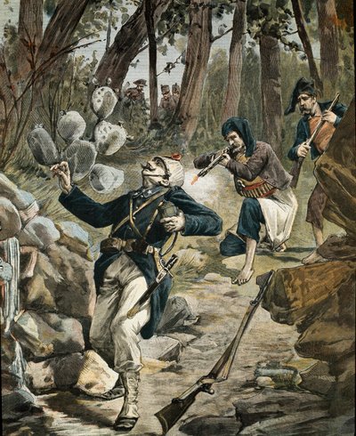 Skottlossning mellan sardiska banditer och italiensk armé i skogen (gravyr) av Anonymous Anonymous