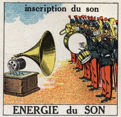 Ljudenergi: spela in musiken från ett militärband med en grammofon. Anonym illustration från 1925. Privat samling. av Anonymous Anonymous