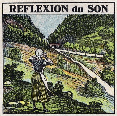Ljudenergi: reflektion av ljud genom ekofenomen. Anonym illustration från 1925. Privat samling. av Anonymous Anonymous
