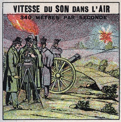 Ljudenergi: ljudets hastighet i luften. Erfarenhet från 1822 av Louis-Joseph Gay-Lussac (Louis Joseph Gay Lussac) (1778-1850) och Francois Arago (1786-1853) som avlossade en serie kanonskott mellan Montlhery och Villejuif. Anonym illustration från 1925 av Anonymous Anonymous