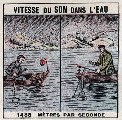 Ljudenergi: ljudets hastighet i vatten. Erfarenhet från 1826-1827 av Jean Daniel (Jean-Daniel) Colladon (1802-1893) och Charles Francois Sturm (1803-1855) vid Genèvesjön (Lemansjön). Två båtar förtöjda 14 km från varandra, en av båtarna stödde en klocka, e av Anonymous Anonymous