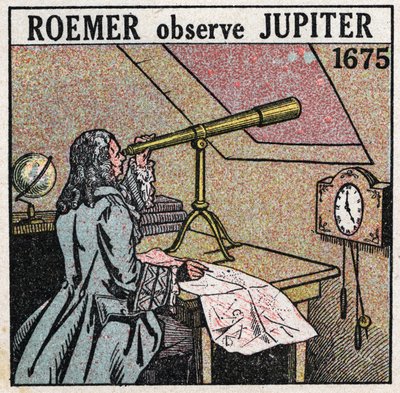 Ljusets hastighet: Den danske astronomen Ole Christensen Romer (Olaus Roemer) (1644-1710) observerar förmörkelserna av Jupiters satelliter 1675-1676 och använder dem för att mäta ljusets hastighet. Anonym illustration från 1925. Privat samling. av Anonymous Anonymous