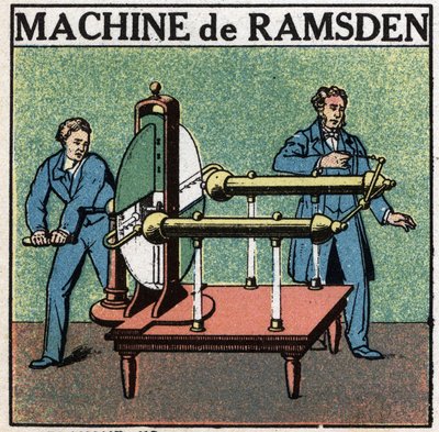 Statiska maskiner: bearbeta ett tillägg. Maskin av Jesse Ramsden (1735 -1800) uppfunnen 1768. Anonym illustration från 1925. Privat samling. av Anonymous Anonymous