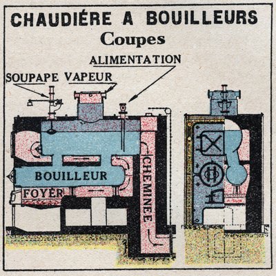 Ånggeneratorer: tvärsnitt av en panna har pannor. Anonym illustration från 1925. Privat samling. av Anonymous Anonymous