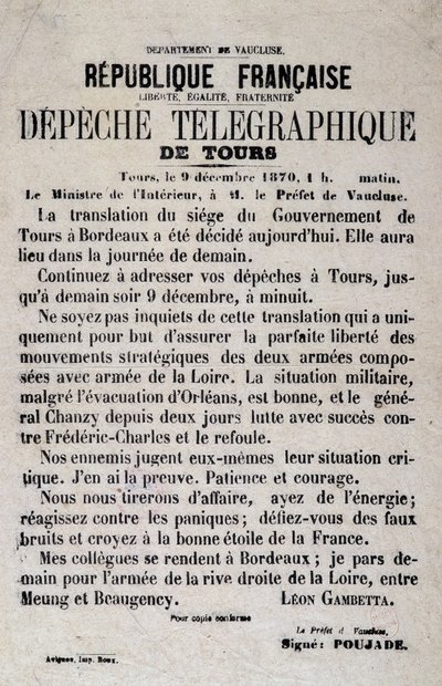 Telegrafiska nyheter om Tours den 9/12/1870 av Léon Gambetta. av Anonymous Anonymous
