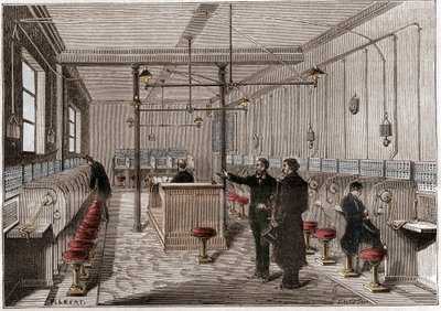 Telefonväxel byggd enligt Edison Gower-Bell-systemet för telekommunikation - första centraltelefon i Paris 1879 - system av amerikanen Frederick Gower - gravyr i "" La nature"" från 1880 av Anonymous Anonymous