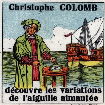 Jordbunden magnetism: Christopher Columbus (1451-1506) upptäcker variationerna av magnetnålen på en kompasssol under sin resa till Amerika 1492. Anonym illustration från 1925. Privat samling. av Anonymous Anonymous