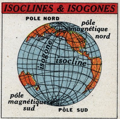 Jordbunden magnetism: Magnetisk karta som visar isokliner och isogoner. Anonym illustration från 1925. Privat samling. av Anonymous Anonymous