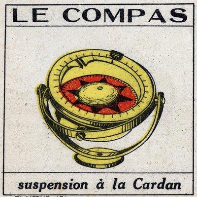 Jordbunden magnetism: Comppas som använder upphängningen har Gimbal för att erhålla horisontaliten. Anonym illustration från 1925. Privat samling. av Anonymous Anonymous