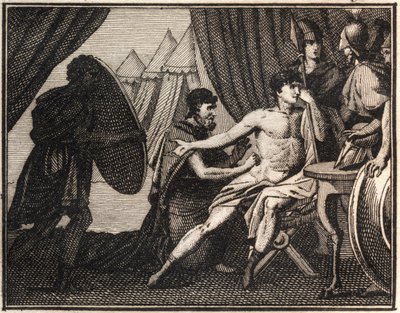 Epaminondas död (efter striden mot spartanerna vid Mantineia 362 f.Kr.). Gravyr från "" Ungdomens Rollin eller utvalda stycken av antika och romerska berättelser"" 1816. Privat samling. av Anonymous Anonymous