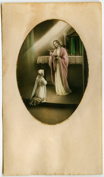 Eukaristin, nattvarden, altarets sakrament: ett barn framför Jesus (gravyr) av Anonymous Anonymous
