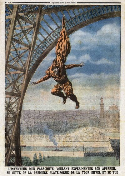 Den franske skräddaren av österrikiskt ursprung Franz (eller Francois) Reichelt (1879-1912) uppfinnare av en fallskärm som vill experimentera med sitt flygplan kastar sig från Eiffeltornets första plattform och tar livet av sig. Gravyr i "" Le Petité Journ av Anonymous Anonymous