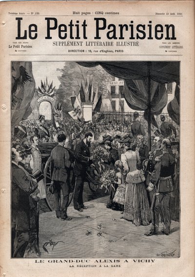 Storhertigen Alexis Alexandrovich (Aleksei Aleksandrovich Romanov) (1850-1908) i Vichy - Mottagningen på tågstationen - Gravyr i "Le petit Parisien"" från 1891 - Privat samling av Anonymous Anonymous