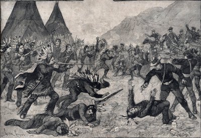 Den indiska revolten i USA: en kamp mellan Sioux-indianer och amerikanska trupper. Gravyr i "" Le petit Parisien"" från 1891. Privat samling. av Anonymous Anonymous