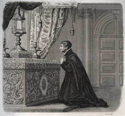 Den italienska jesviten Louis de Gonzague (San Luigi Gonzaga) (1568-1591) i bön. Gravyr från 1846 i "" Lives of the saints"". Privat samling. av Anonymous Anonymous
